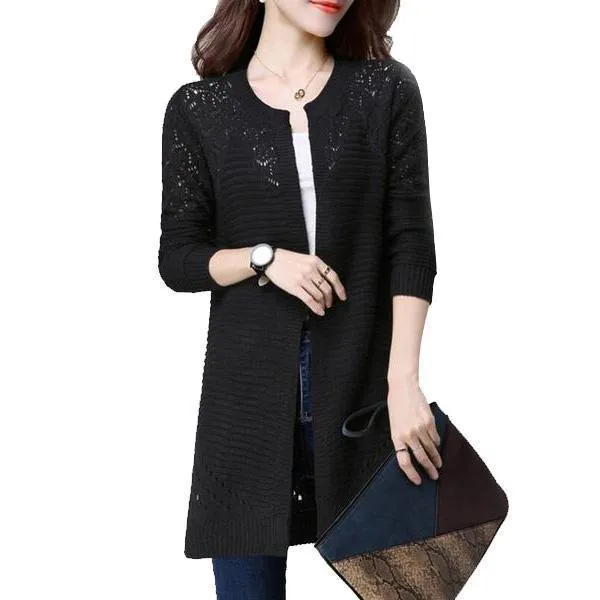 Fall Women Cardigan Solid Color Hollow Out Sweaters Size S-XXL Poncho Full Sleeve Open Stitch Female Knitted Outerwear (US 2-12)