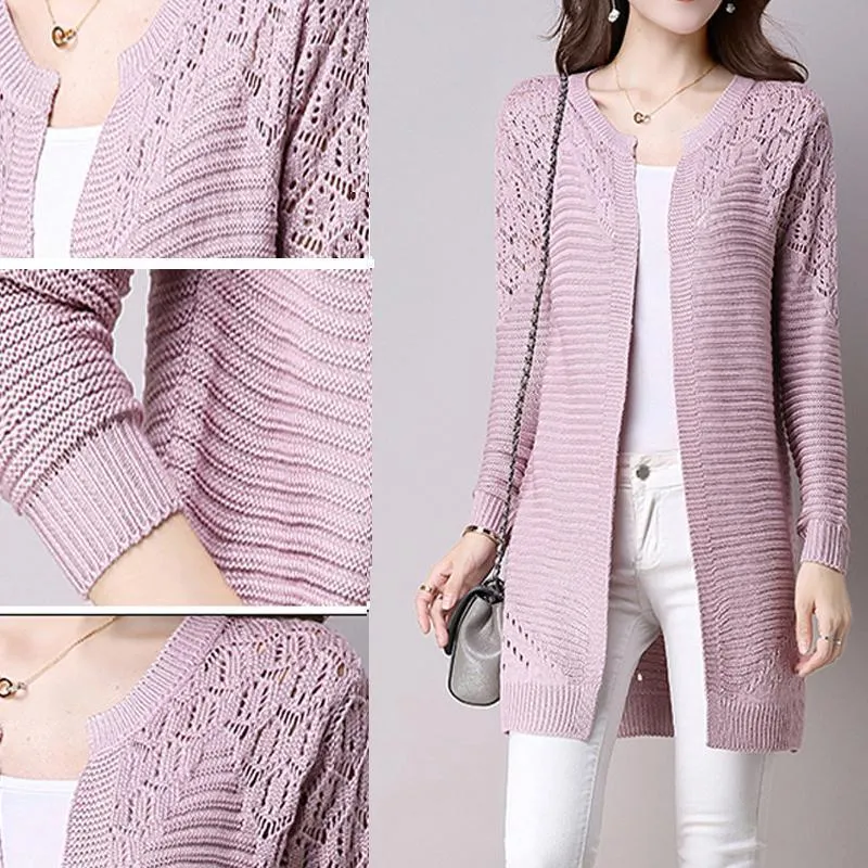 Fall Women Cardigan Solid Color Hollow Out Sweaters Size S-XXL Poncho Full Sleeve Open Stitch Female Knitted Outerwear (US 2-12)