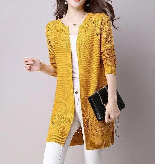 Fall Women Cardigan Solid Color Hollow Out Sweaters Size S-XXL Poncho Full Sleeve Open Stitch Female Knitted Outerwear (US 2-12)