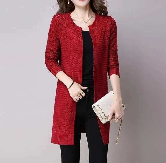 Fall Women Cardigan Solid Color Hollow Out Sweaters Size S-XXL Poncho Full Sleeve Open Stitch Female Knitted Outerwear (US 2-12)