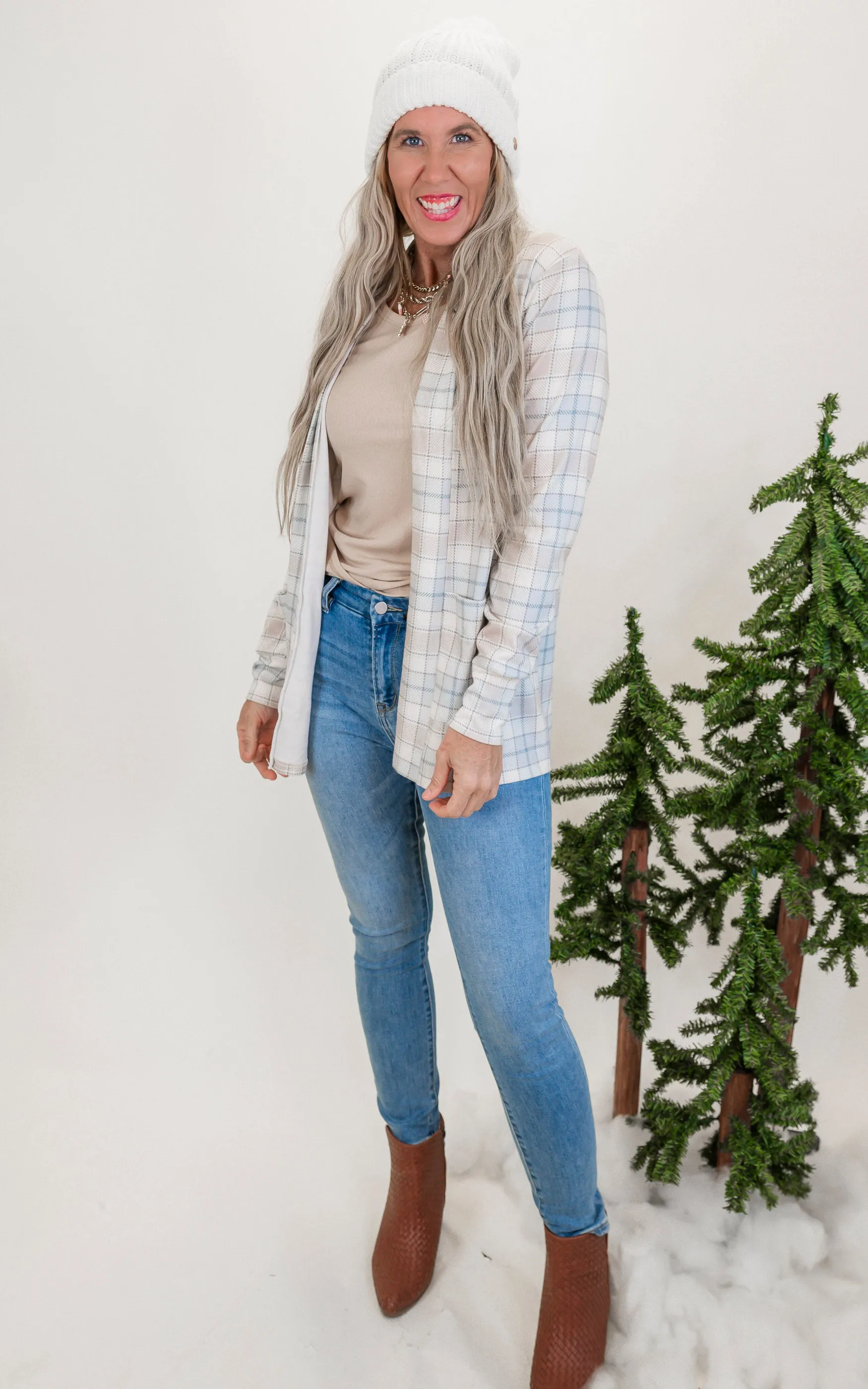 Forever Favorite Plaid Cardigan in Ivory Mocha Blue #1 | Salty Wave *DEAL*