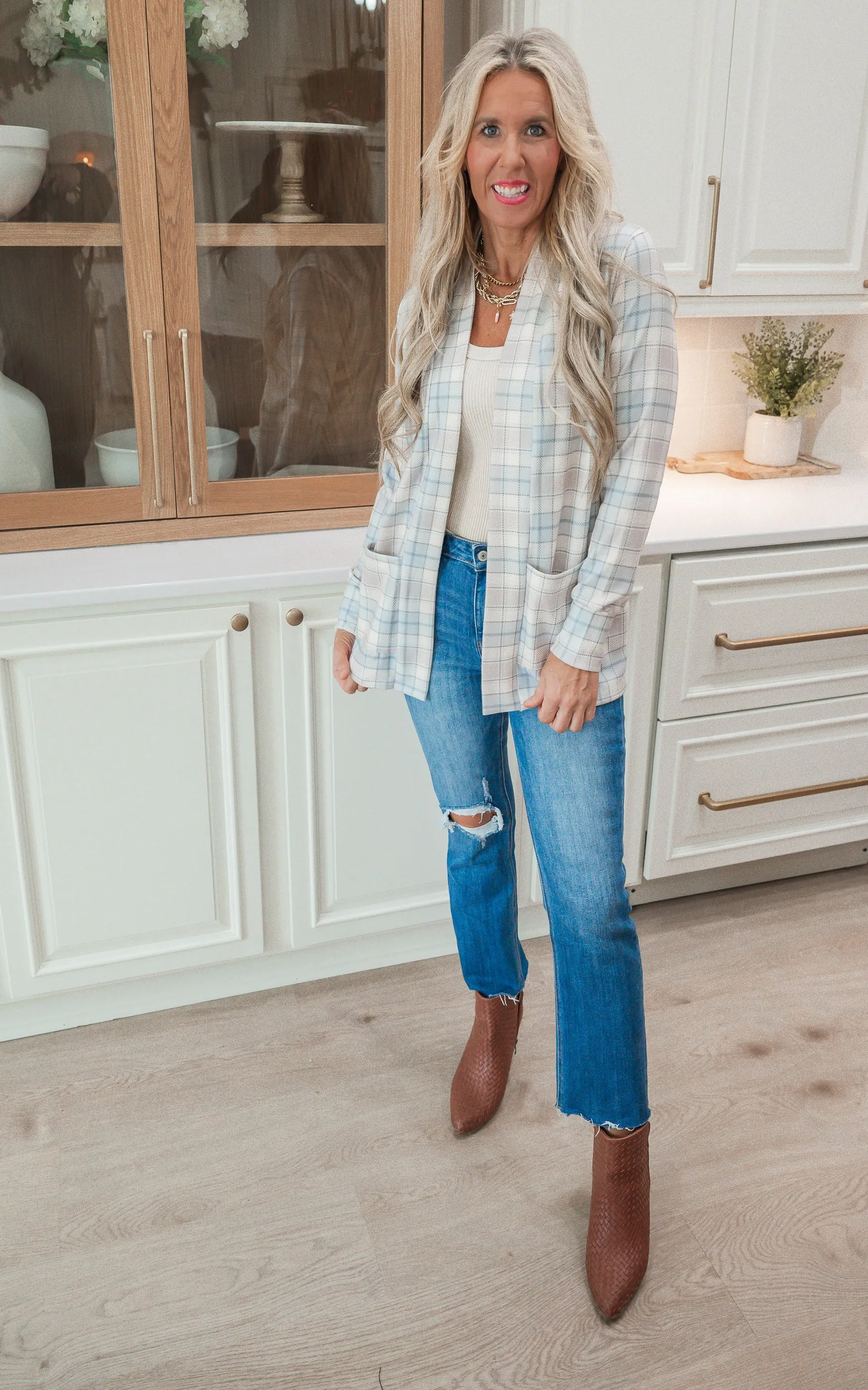 Forever Favorite Plaid Cardigan in Ivory Mocha Blue #1 | Salty Wave *DEAL*