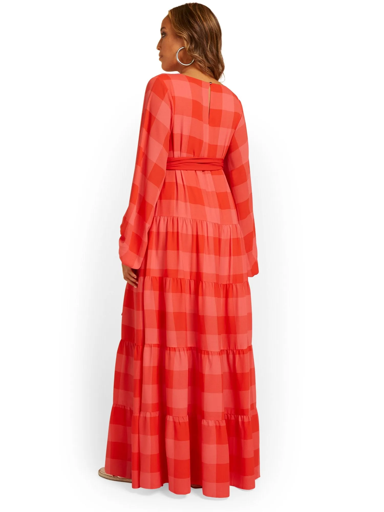 Gingham-Print Belted Maxi Dress