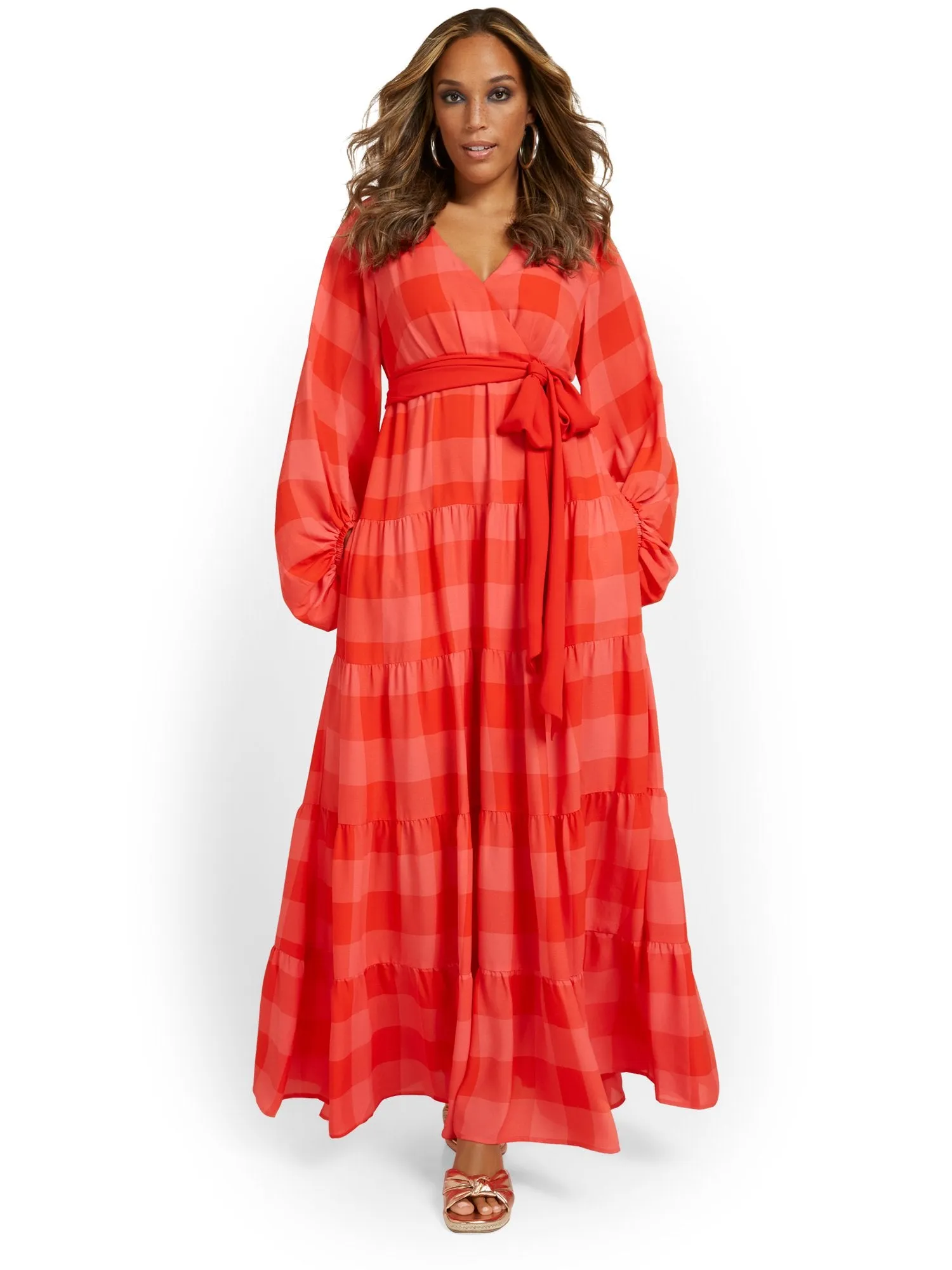 Gingham-Print Belted Maxi Dress