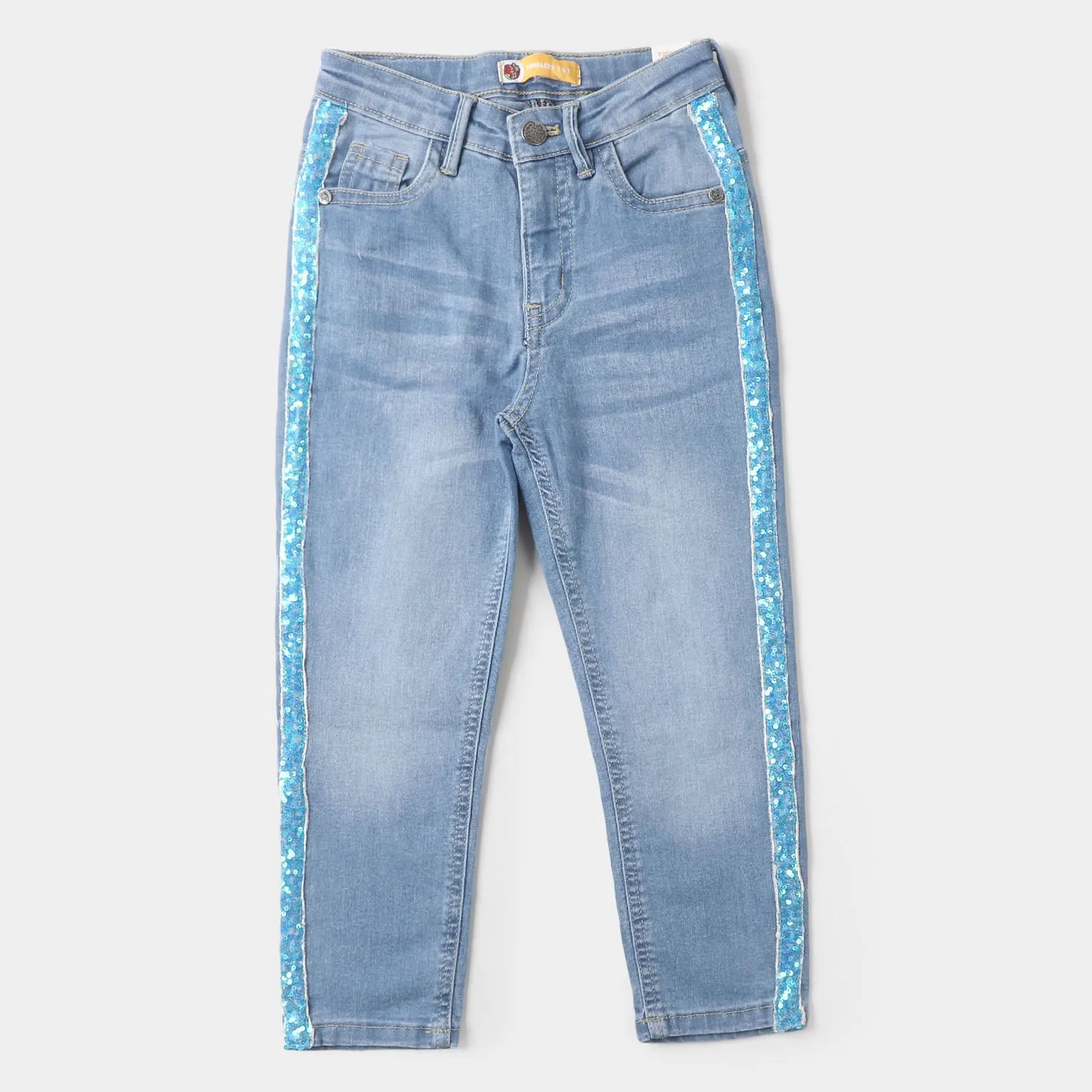 Girls Pant Denim Sequins Tape  - Mid Blue