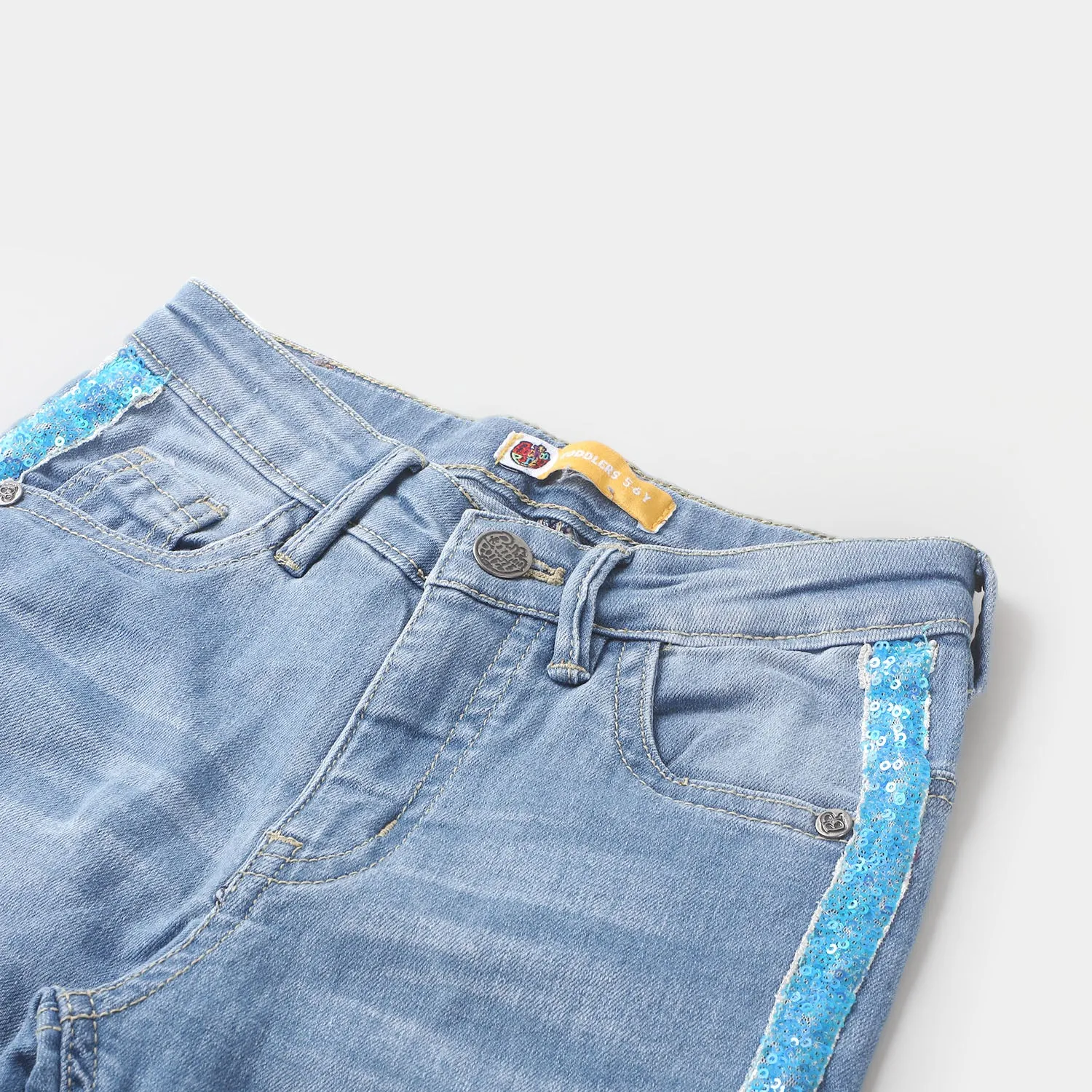 Girls Pant Denim Sequins Tape  - Mid Blue