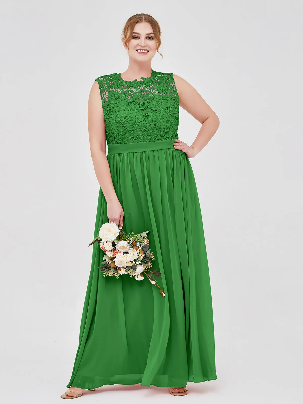 Illusion Neck Chiffon and Lace Dresses Green