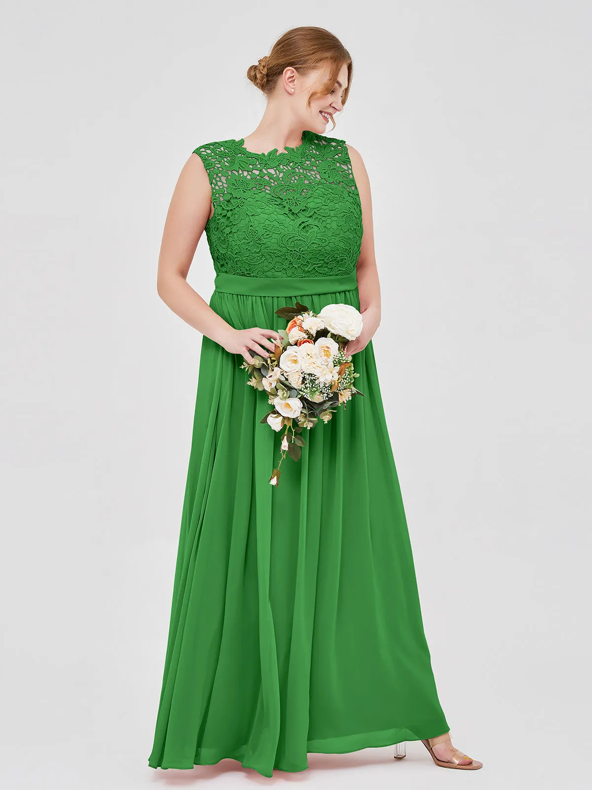 Illusion Neck Chiffon and Lace Dresses Green