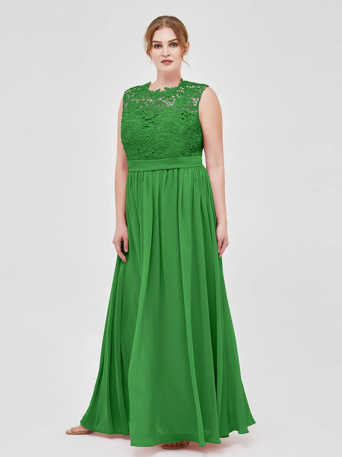 Illusion Neck Chiffon and Lace Dresses Green