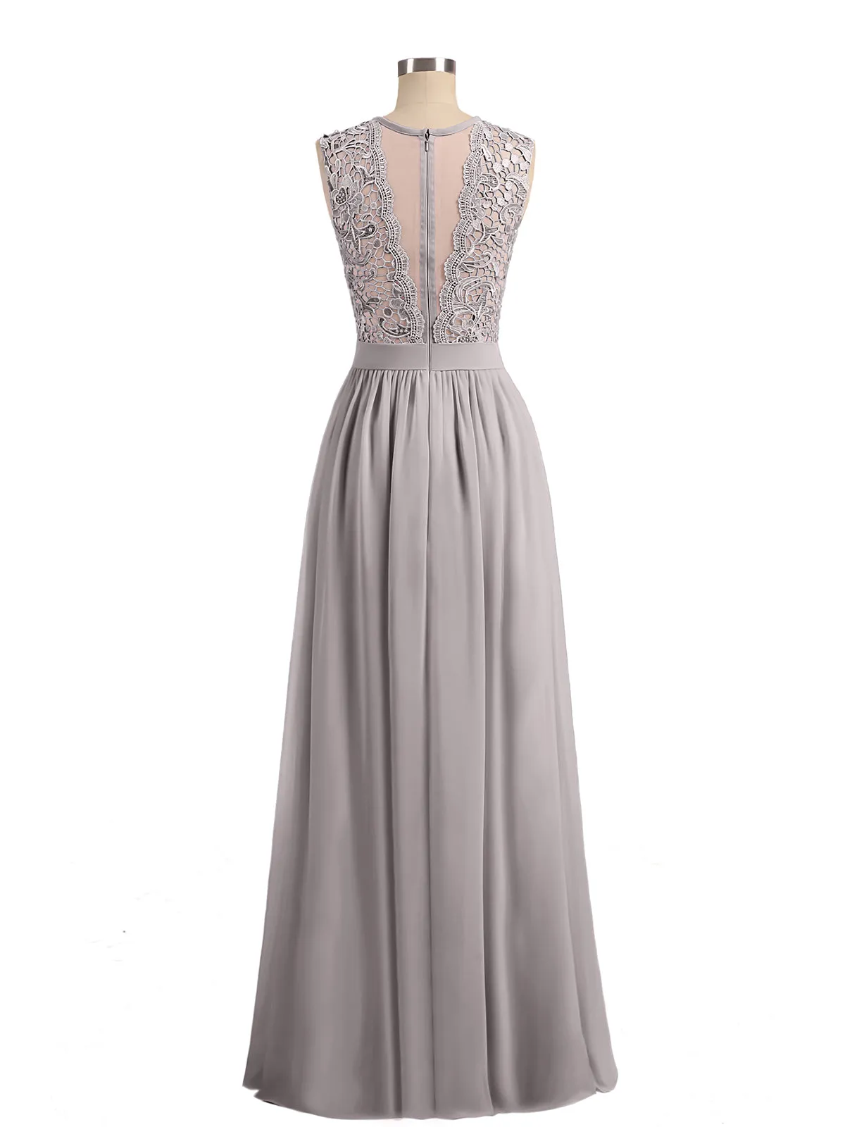 Illusion Neck Chiffon and Lace Dresses Silver