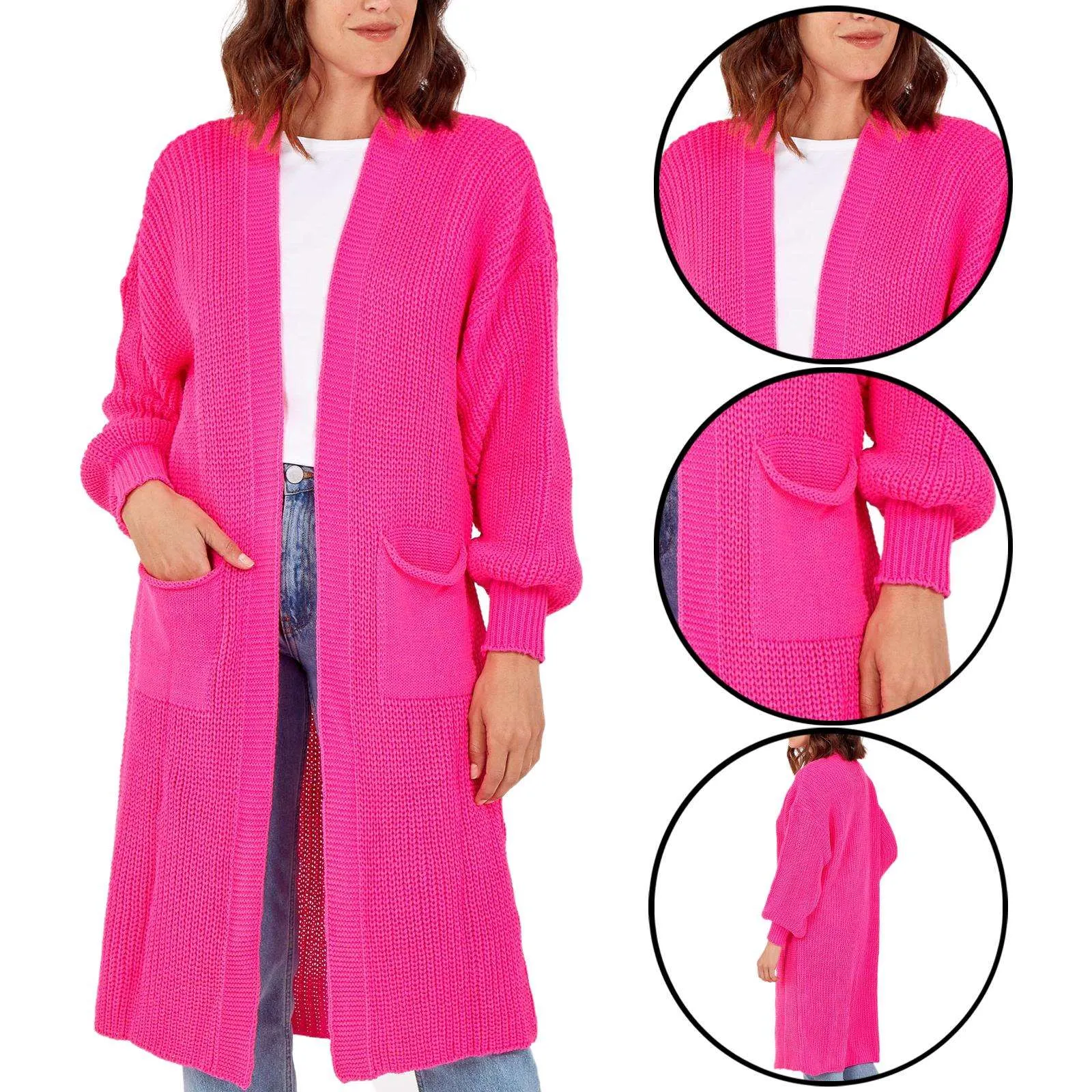 Ladies Chunky Knitted Oversized Cardigan Women Balloon Sleeve Long Maxi Cardigans