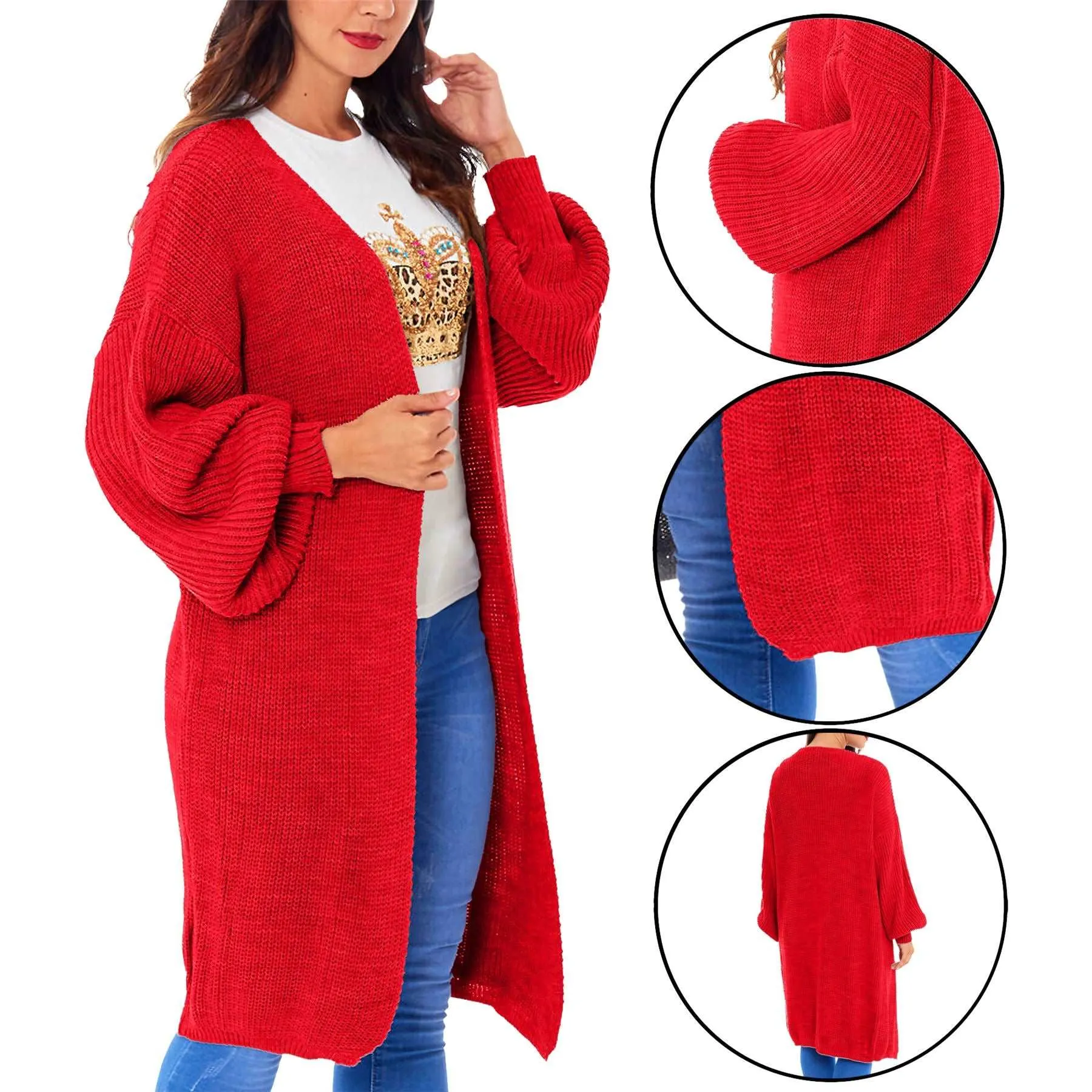 Ladies Chunky Knitted Oversized Cardigan Women Balloon Sleeve Long Maxi Cardigans