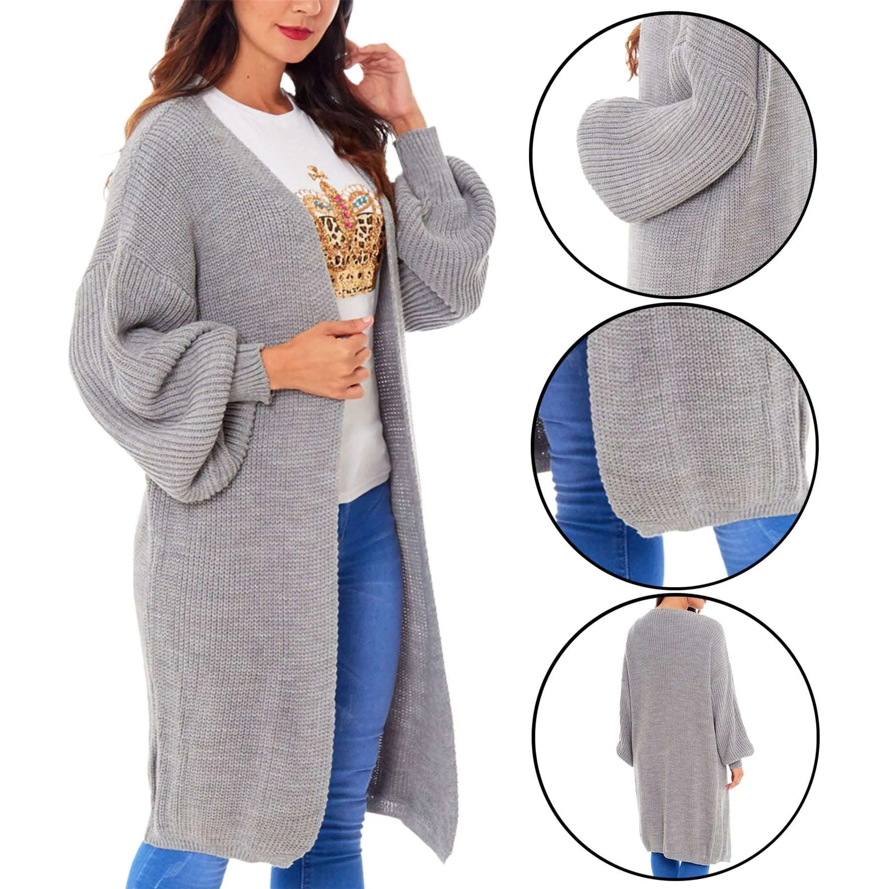 Ladies Chunky Knitted Oversized Cardigan Women Balloon Sleeve Long Maxi Cardigans