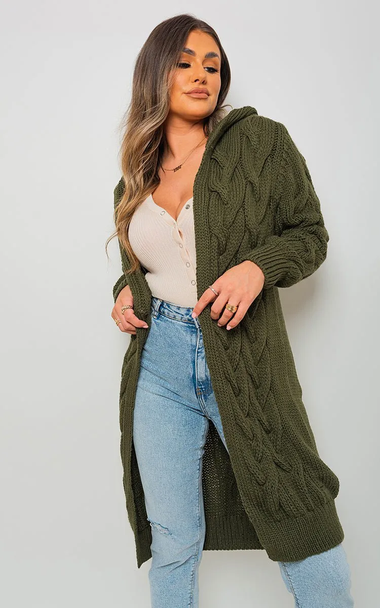 Lara Chunky Cable Knitted Oversized Longline Hooded Cardigan