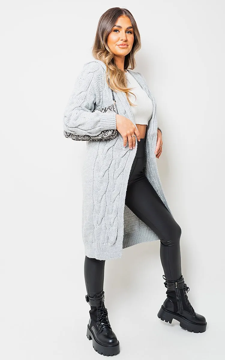 Lara Chunky Cable Knitted Oversized Longline Hooded Cardigan