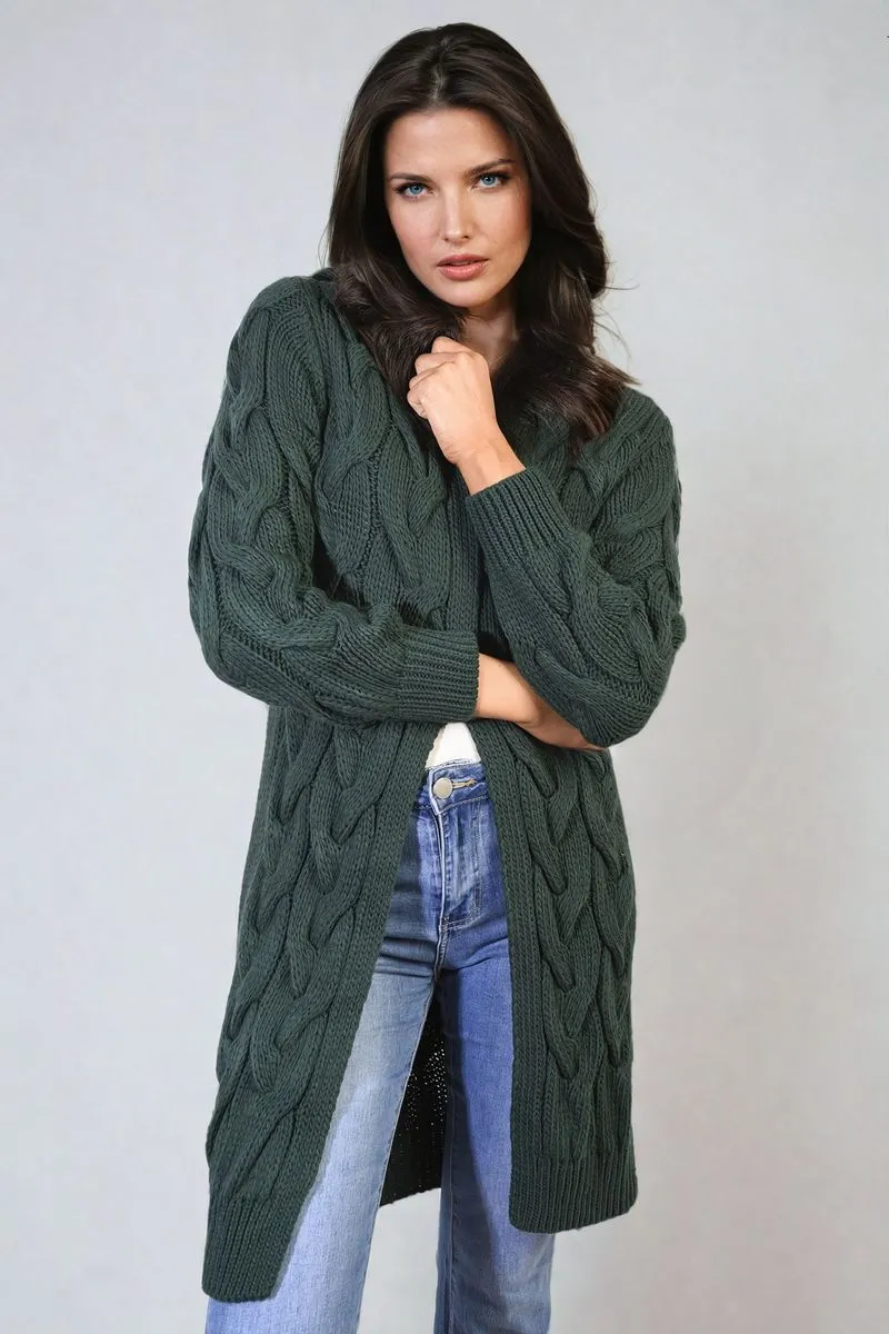 Lara Chunky Cable Knitted Oversized Longline Hooded Cardigan