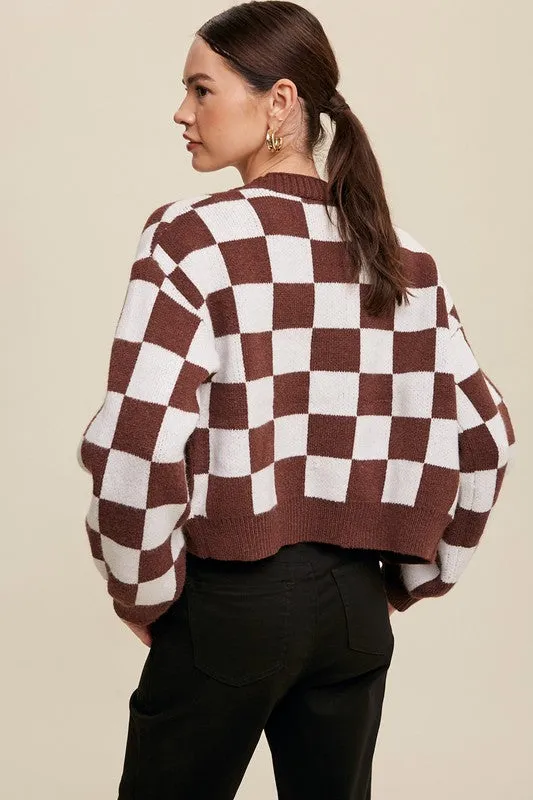 LISTICLE Bold Gingham Sweater Weaved Crop Cardigan