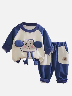 Little Surprise Box Blue 3D Monkey Face 2Pcs Track Suit Set For Winter And All Season Wear