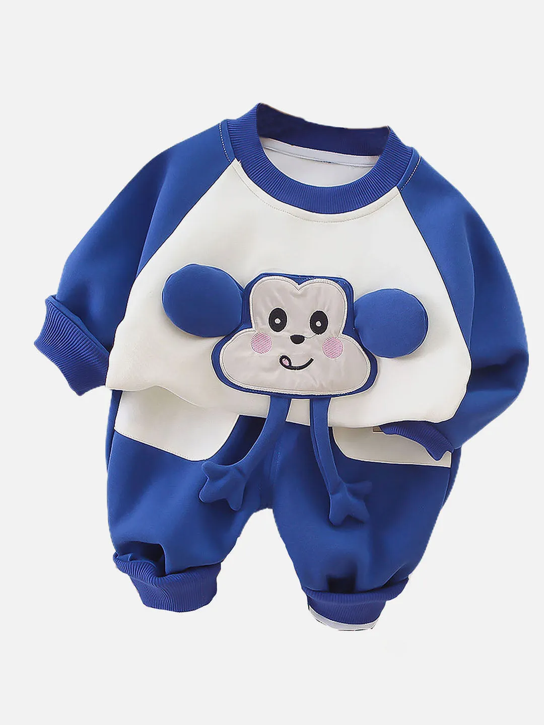 Little Surprise Box Blue 3D Monkey Face 2Pcs Track Suit Set For Winter And All Season Wear