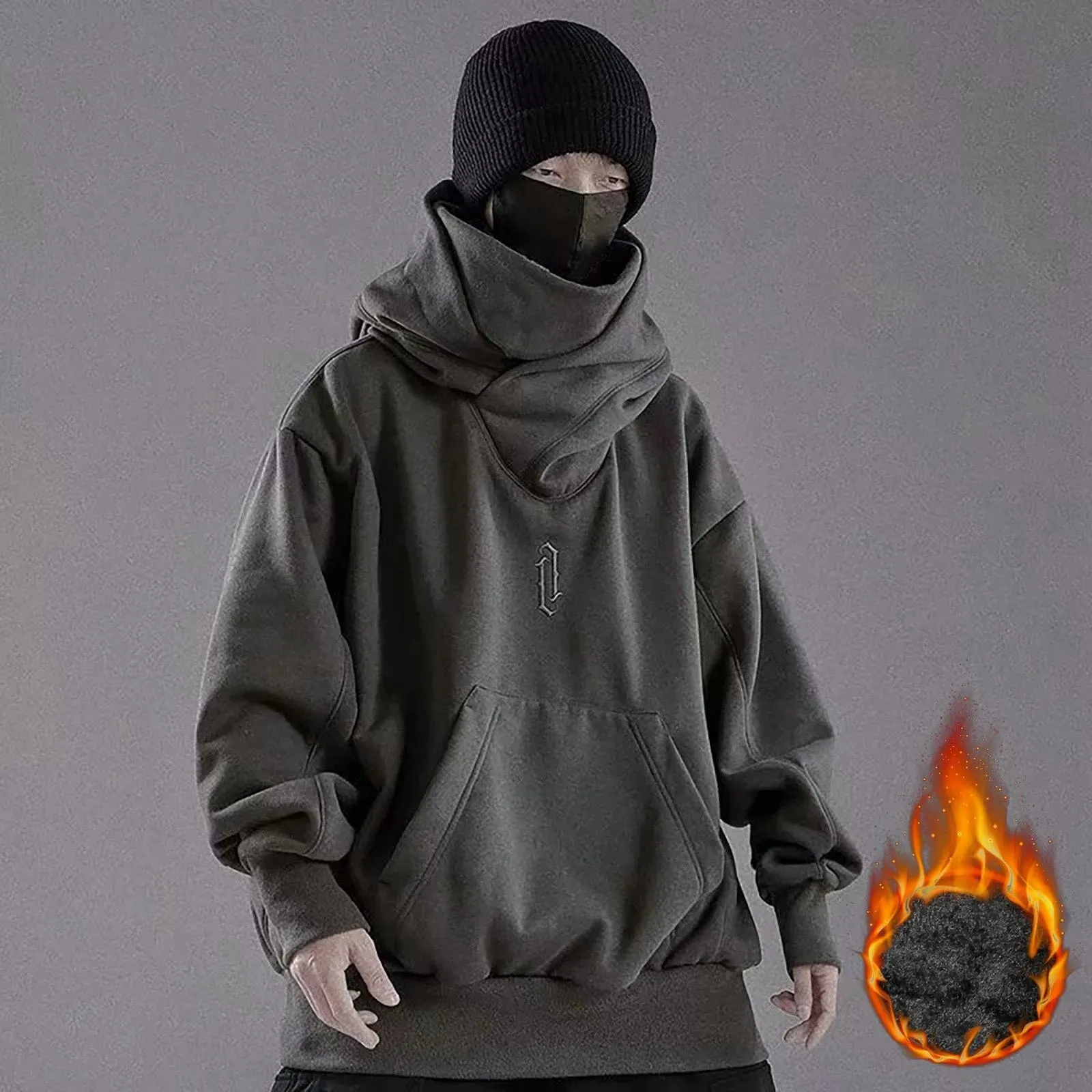 Long Sleeve Hoodie Male Autumn Winter Sweatshirt Pocket Solid High Collar Loose Hoodies Fleece Hooded Sweatshirt For Man Hiphop