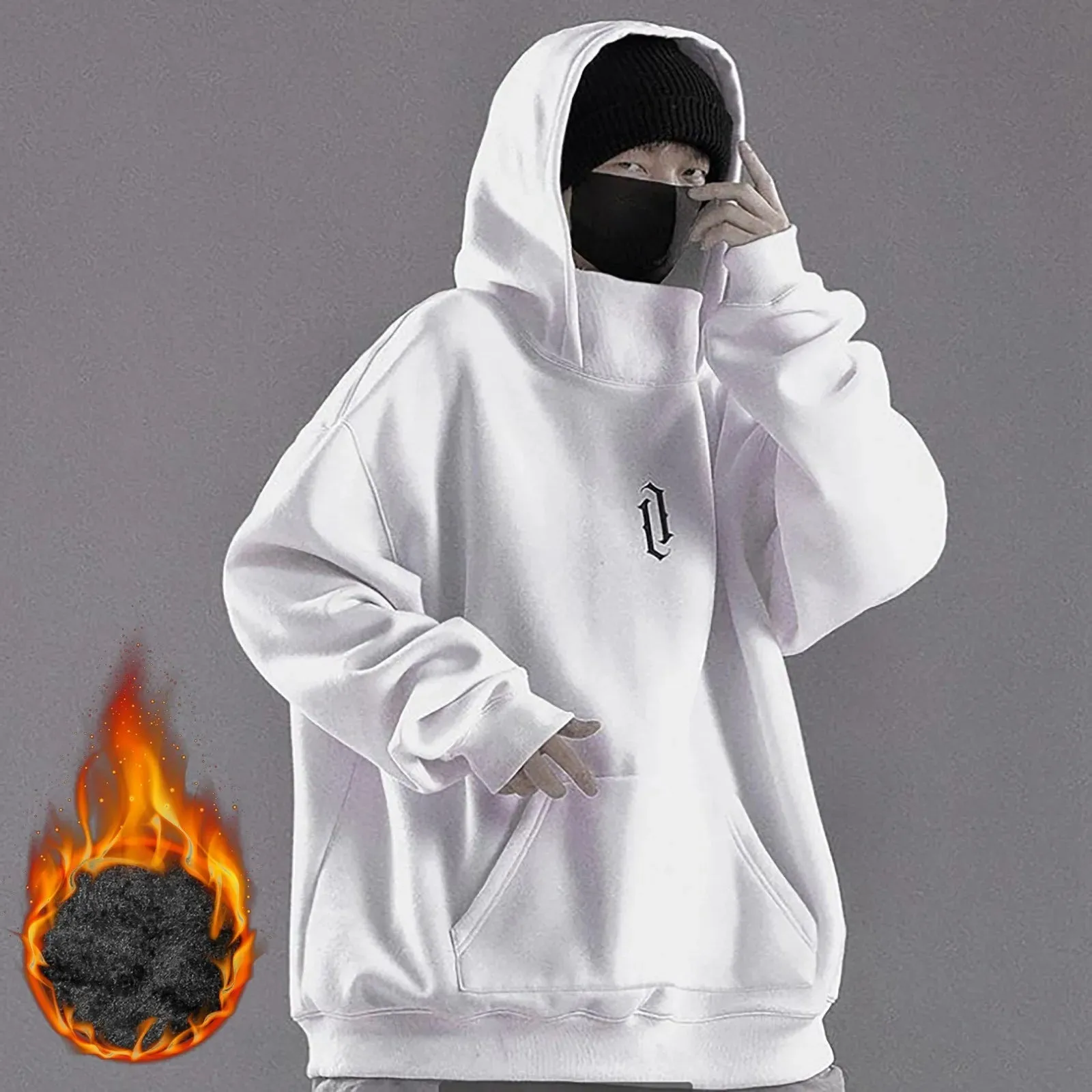 Long Sleeve Hoodie Male Autumn Winter Sweatshirt Pocket Solid High Collar Loose Hoodies Fleece Hooded Sweatshirt For Man Hiphop