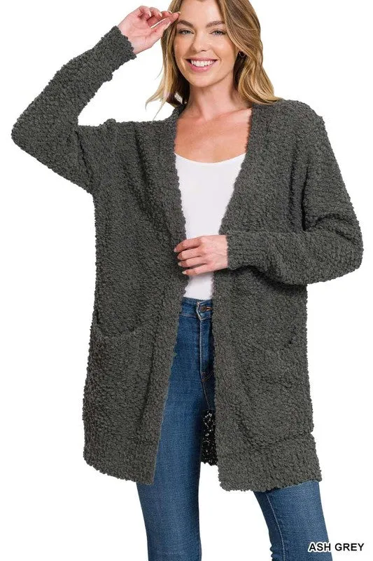 Long Sleeve Popcorn Sweater Cardigan with Pockets