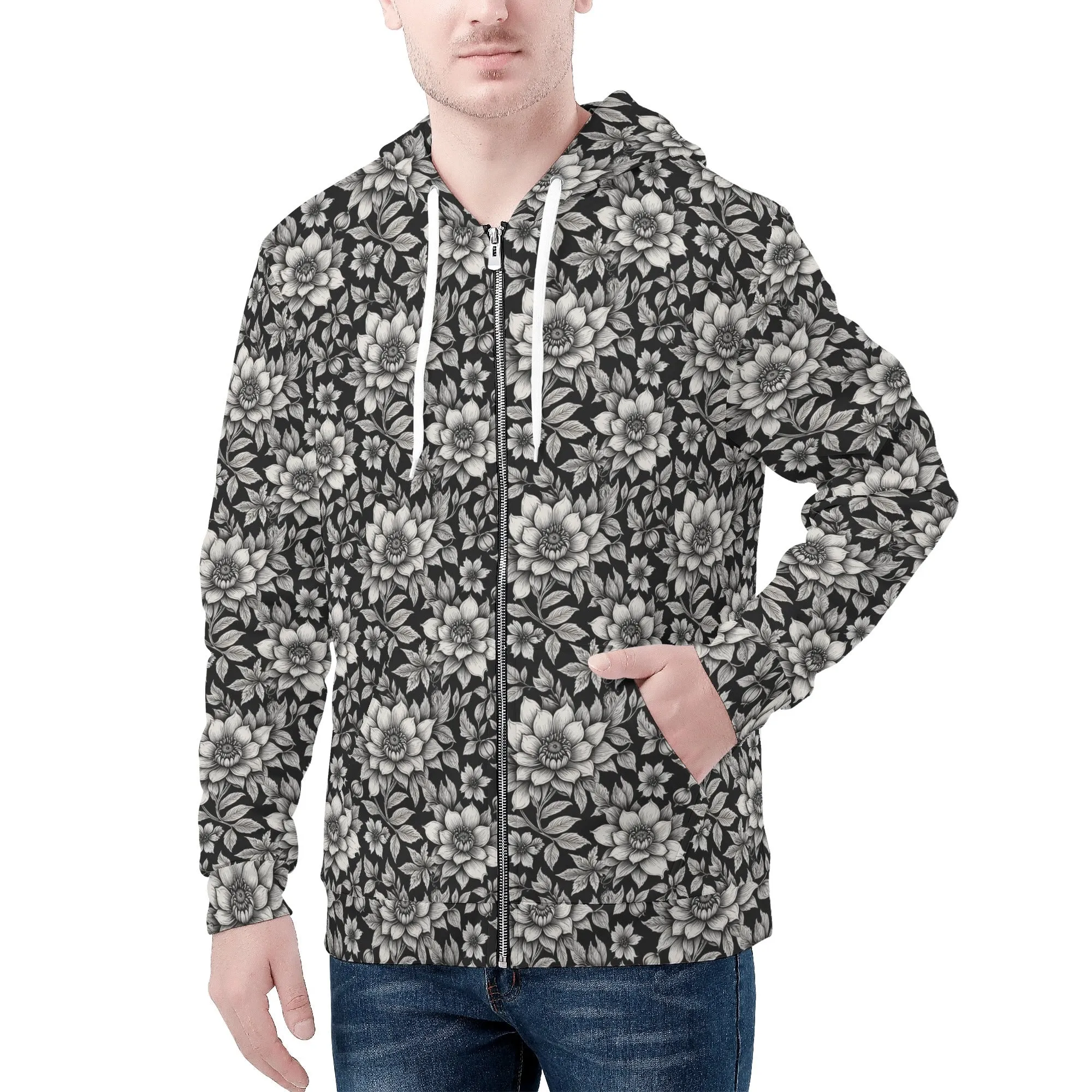 Mens Black and White Bloom Classic Zip Up Hoodie Warm Jacket