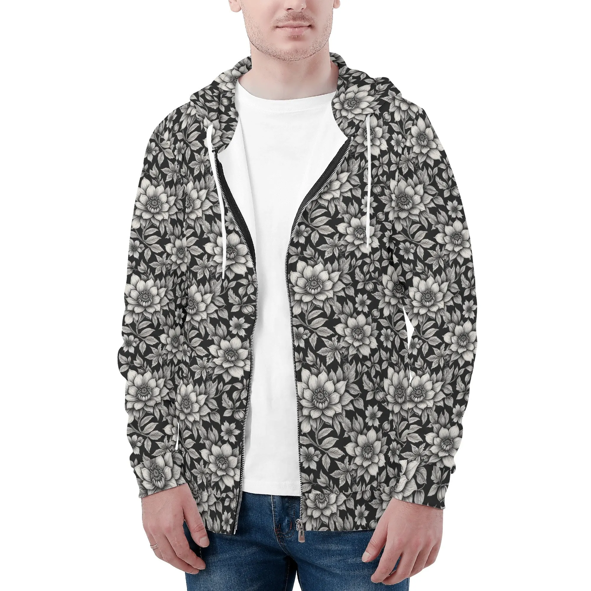 Mens Black and White Bloom Classic Zip Up Hoodie Warm Jacket