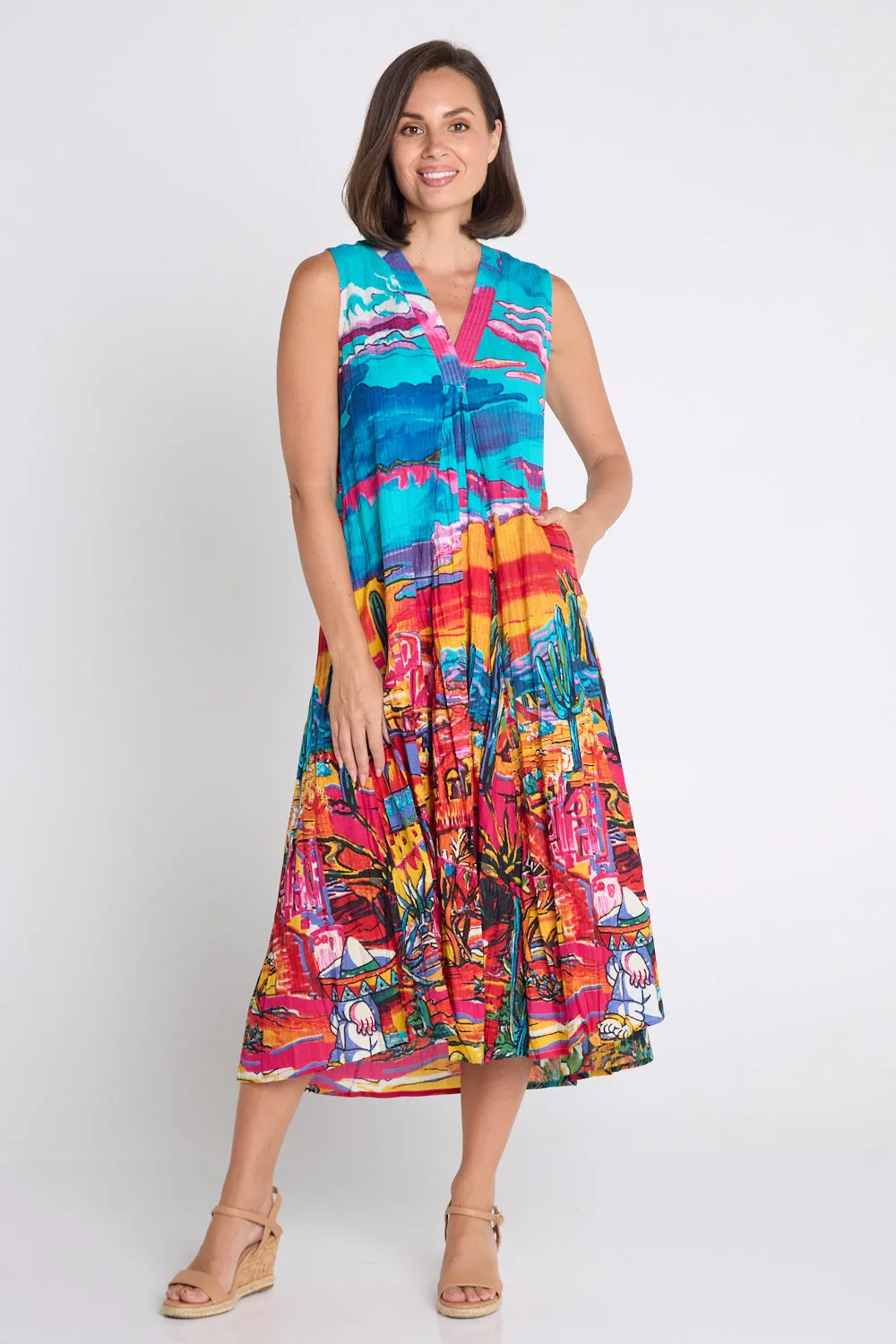 Ocampo Sleeveless V Neck Dress - Cactus Print