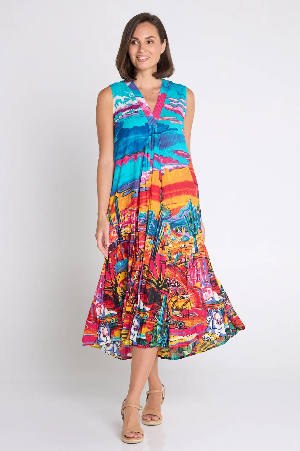 Ocampo Sleeveless V Neck Dress - Cactus Print