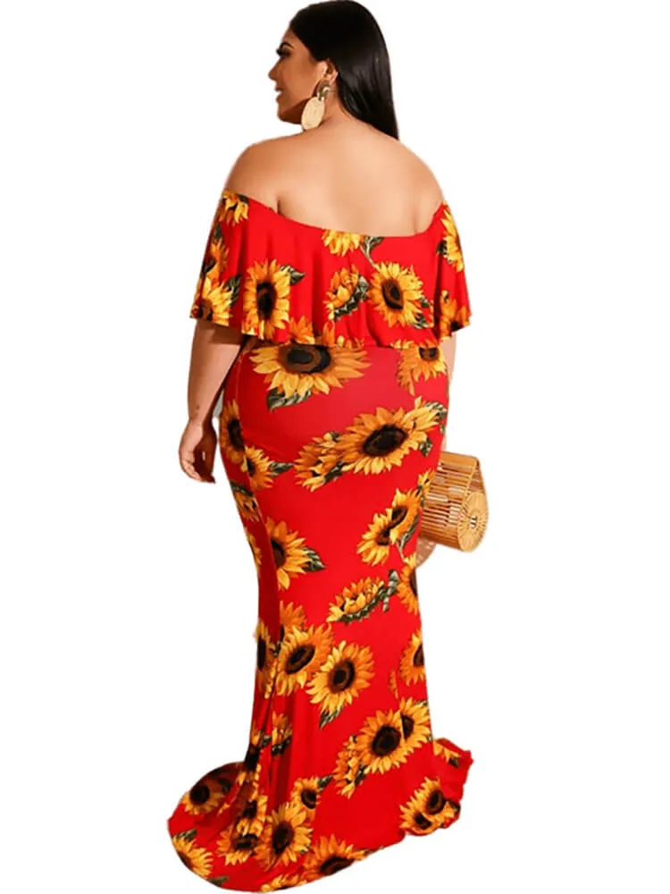 Off Shoulder Floral Print Bodycon Maxi Dresses