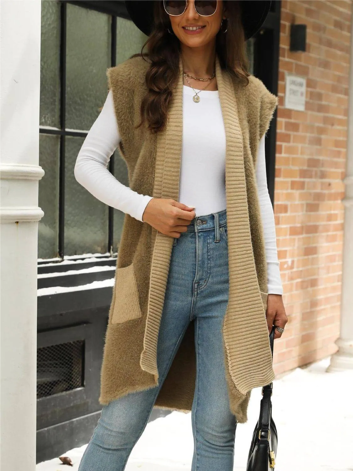 Pocketed Open Front Cap Sleeve Cardigan