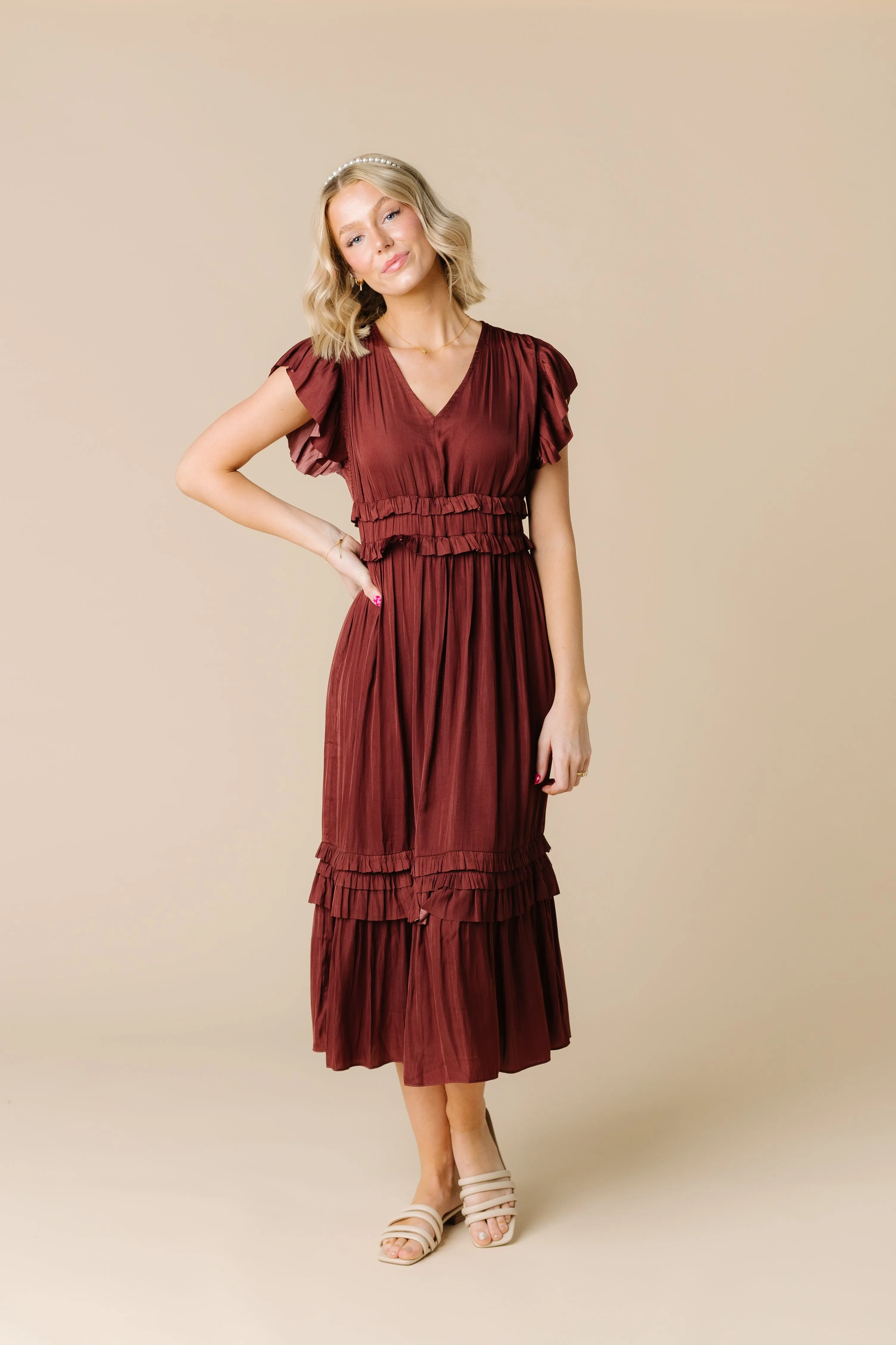 Ruffled Satin V-Neck Dress