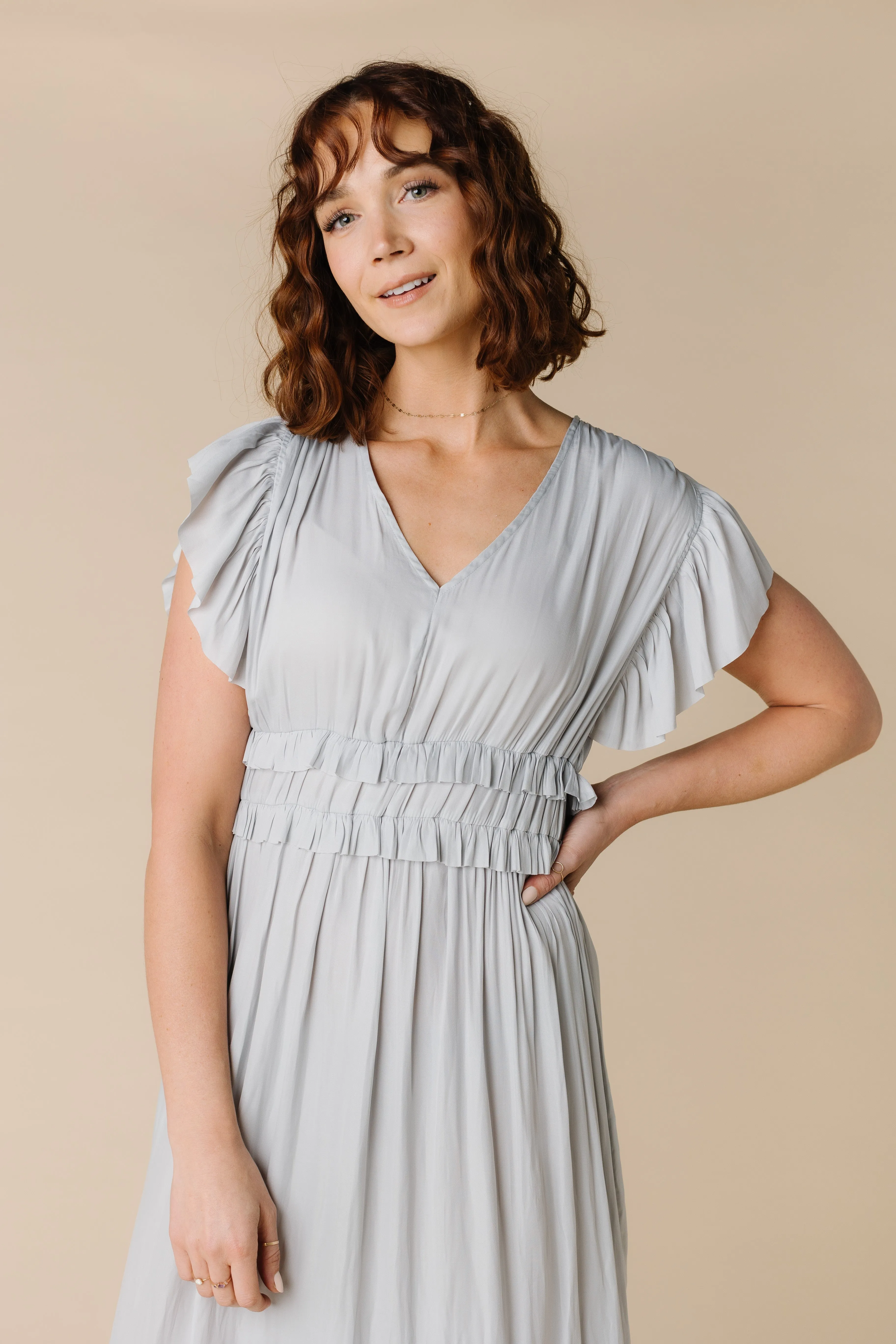 Ruffled Satin V-Neck Dress