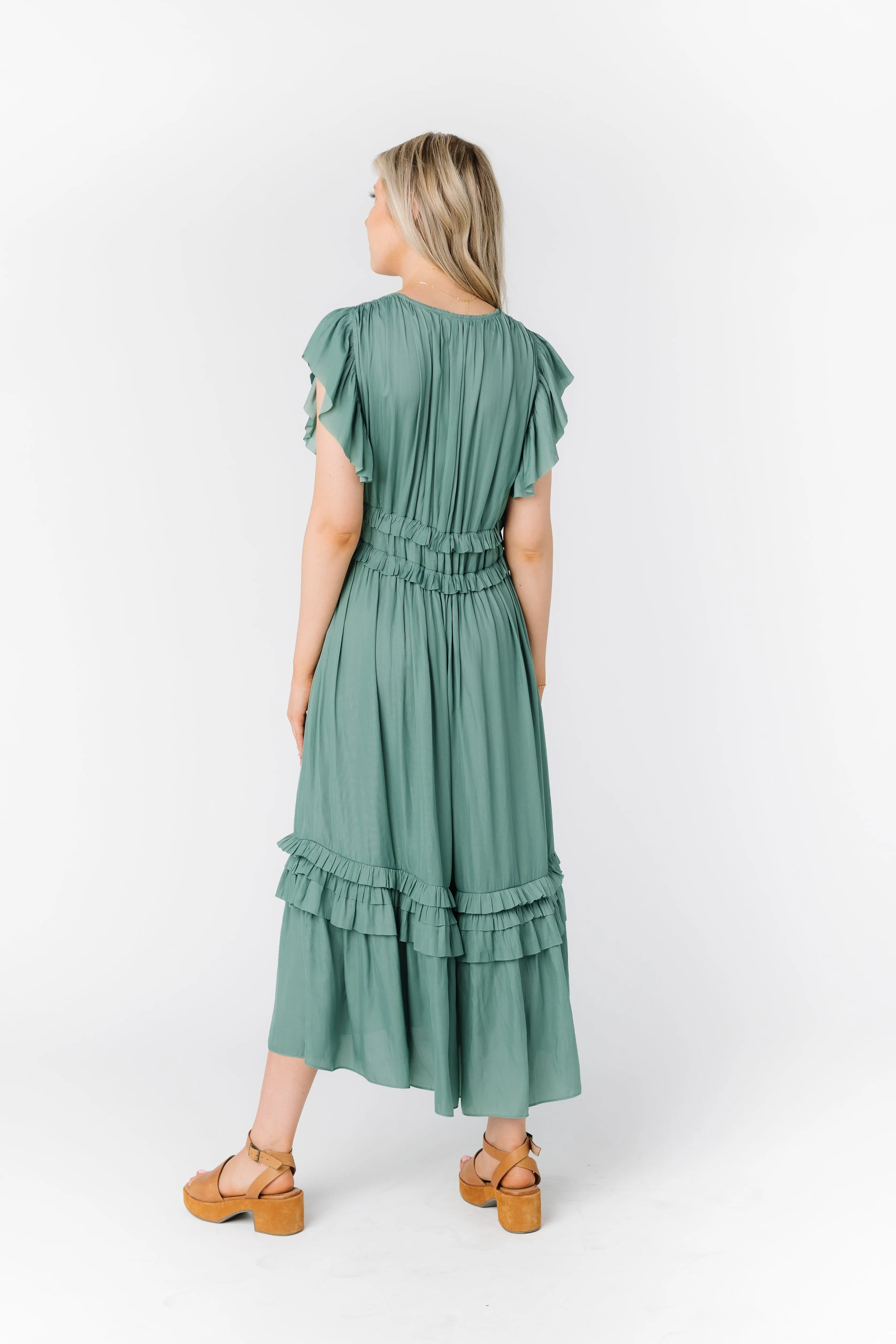 Ruffled Satin V-Neck Dress