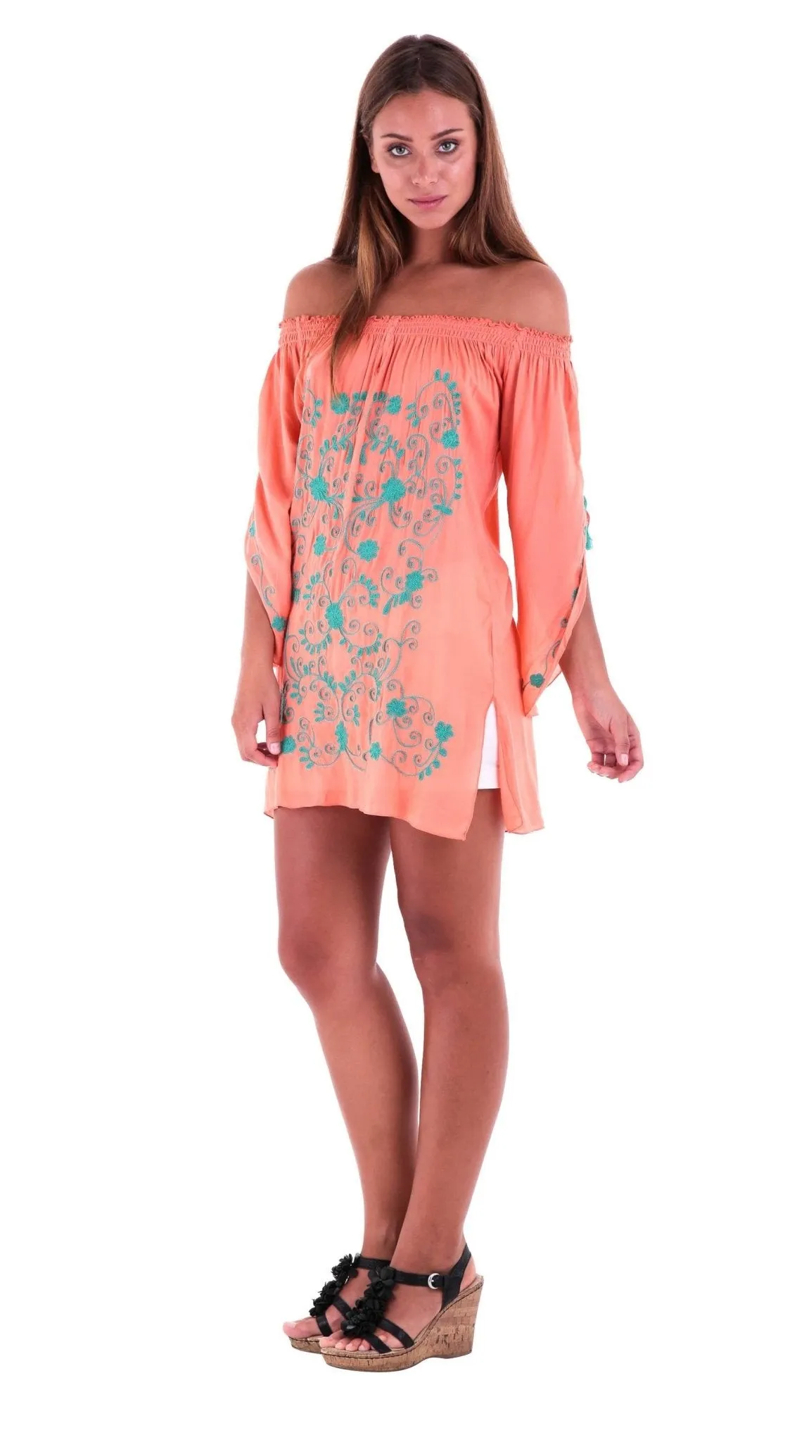 SHU-SHI Women's Boho Tunic Top - Off The Shoulder Mini Dress - Embroidered Bathing Suit Cover-Up