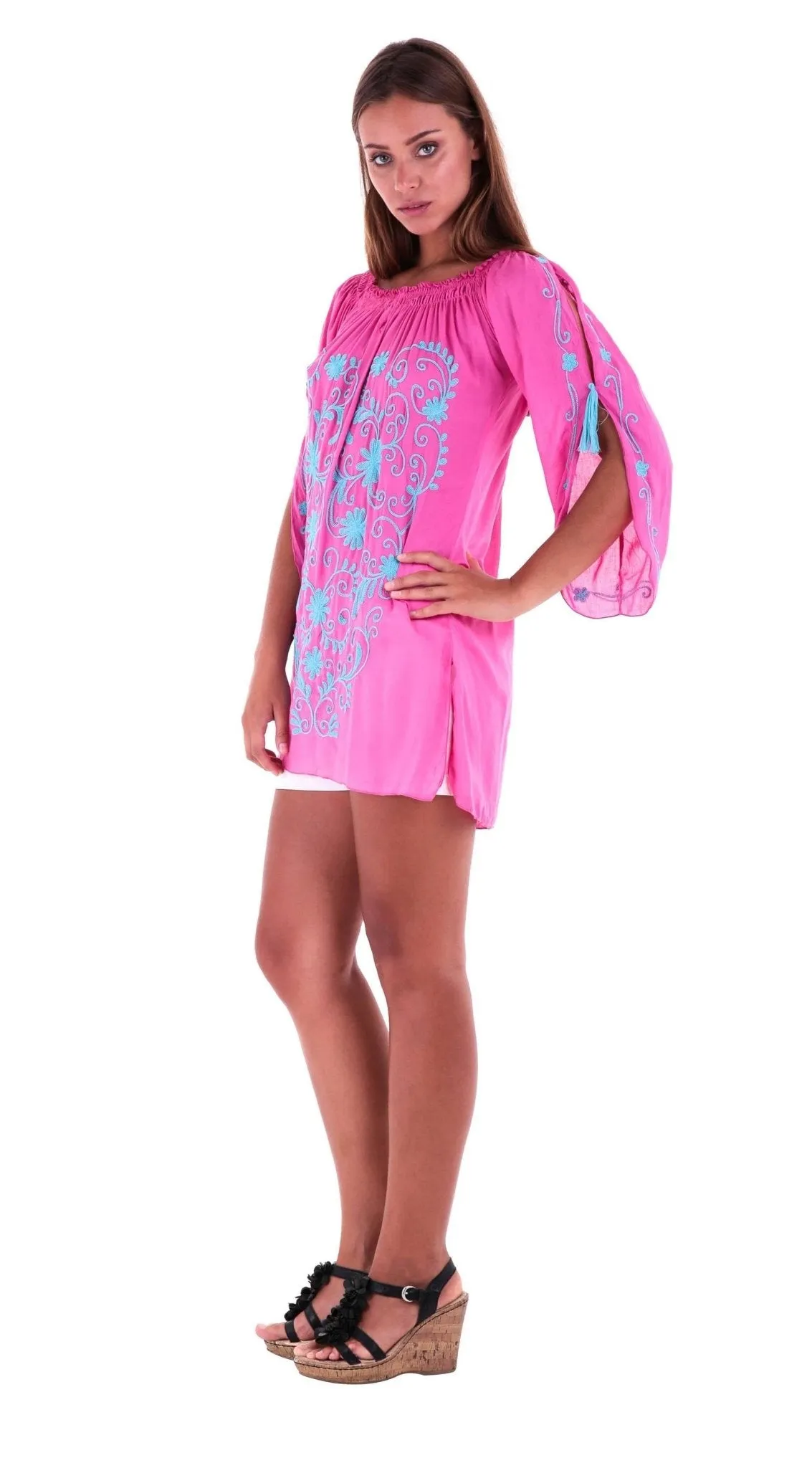 SHU-SHI Women's Boho Tunic Top - Off The Shoulder Mini Dress - Embroidered Bathing Suit Cover-Up