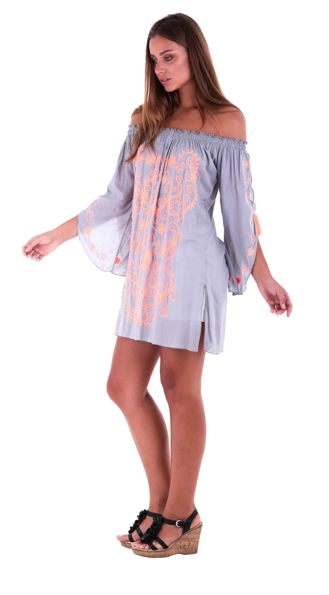 SHU-SHI Women's Boho Tunic Top - Off The Shoulder Mini Dress - Embroidered Bathing Suit Cover-Up