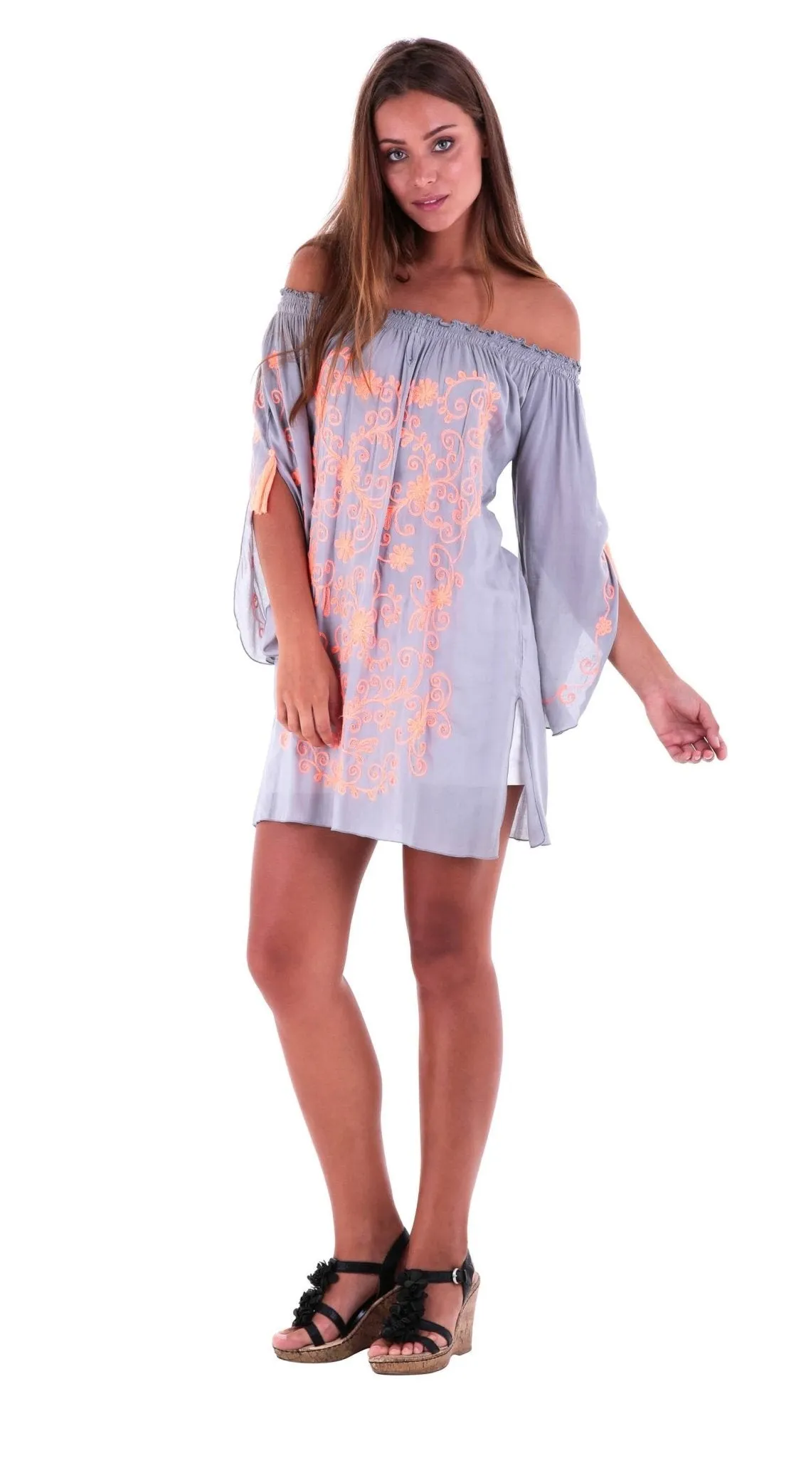 SHU-SHI Women's Boho Tunic Top - Off The Shoulder Mini Dress - Embroidered Bathing Suit Cover-Up