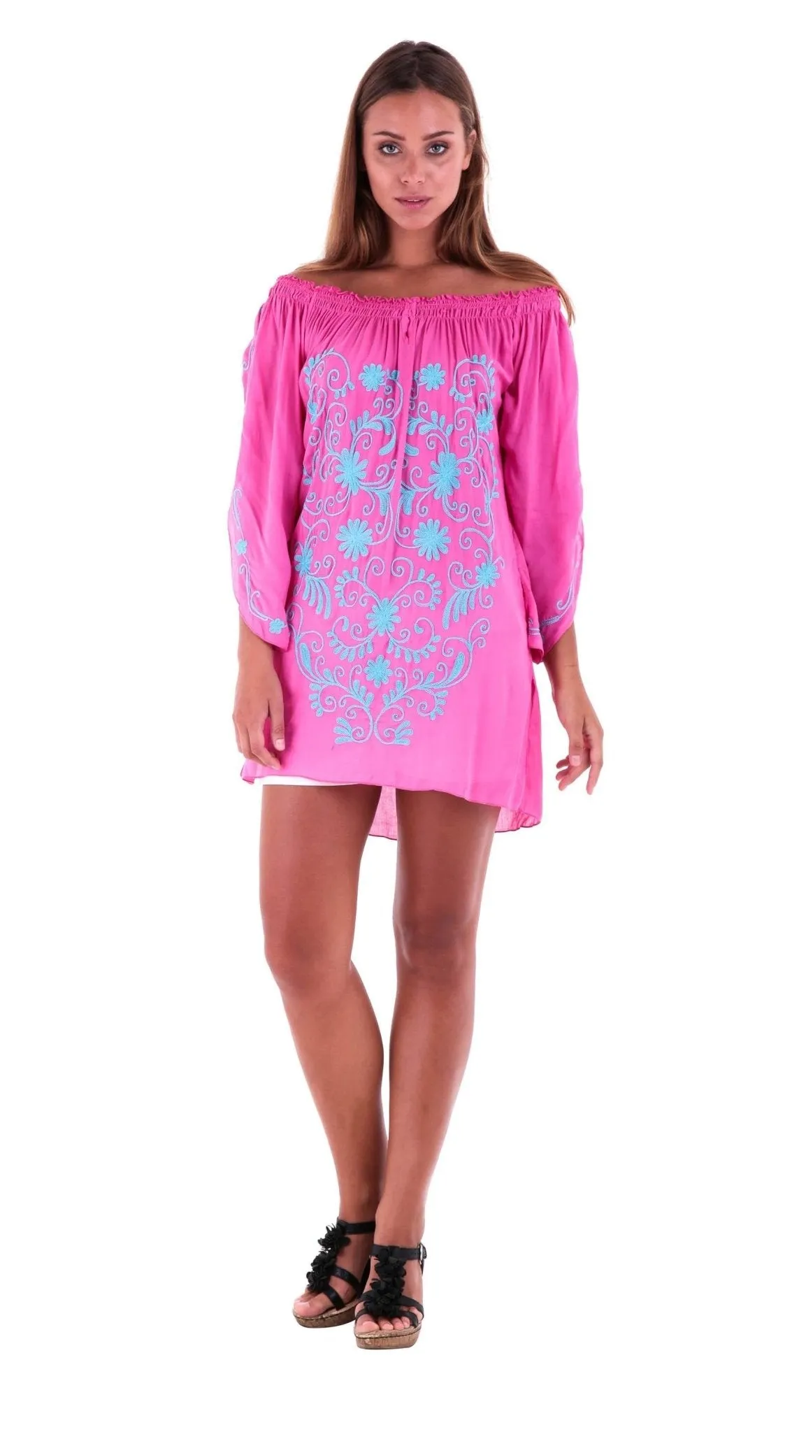 SHU-SHI Women's Boho Tunic Top - Off The Shoulder Mini Dress - Embroidered Bathing Suit Cover-Up