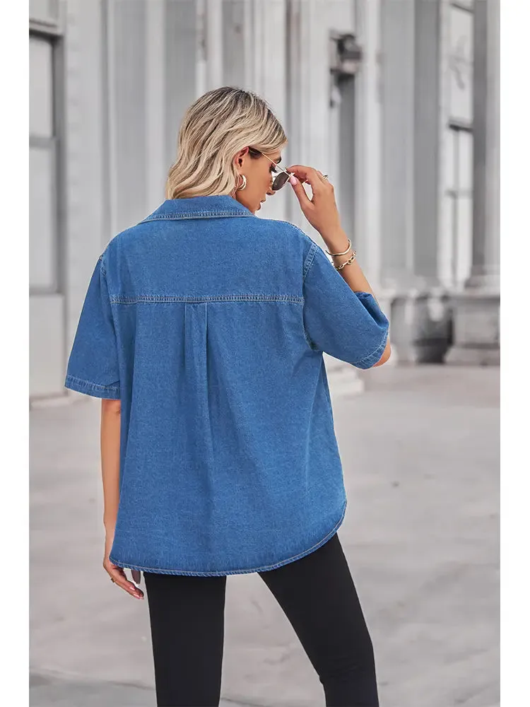 Soft Washed Denim Short-Sleeve Cardigan