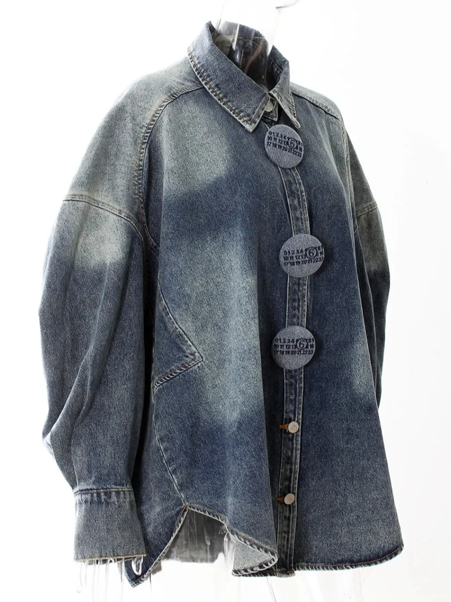 Solid Spliced Large Buttons Lapel Batwing Sleeve Loose Chic Washed Denim Jacket