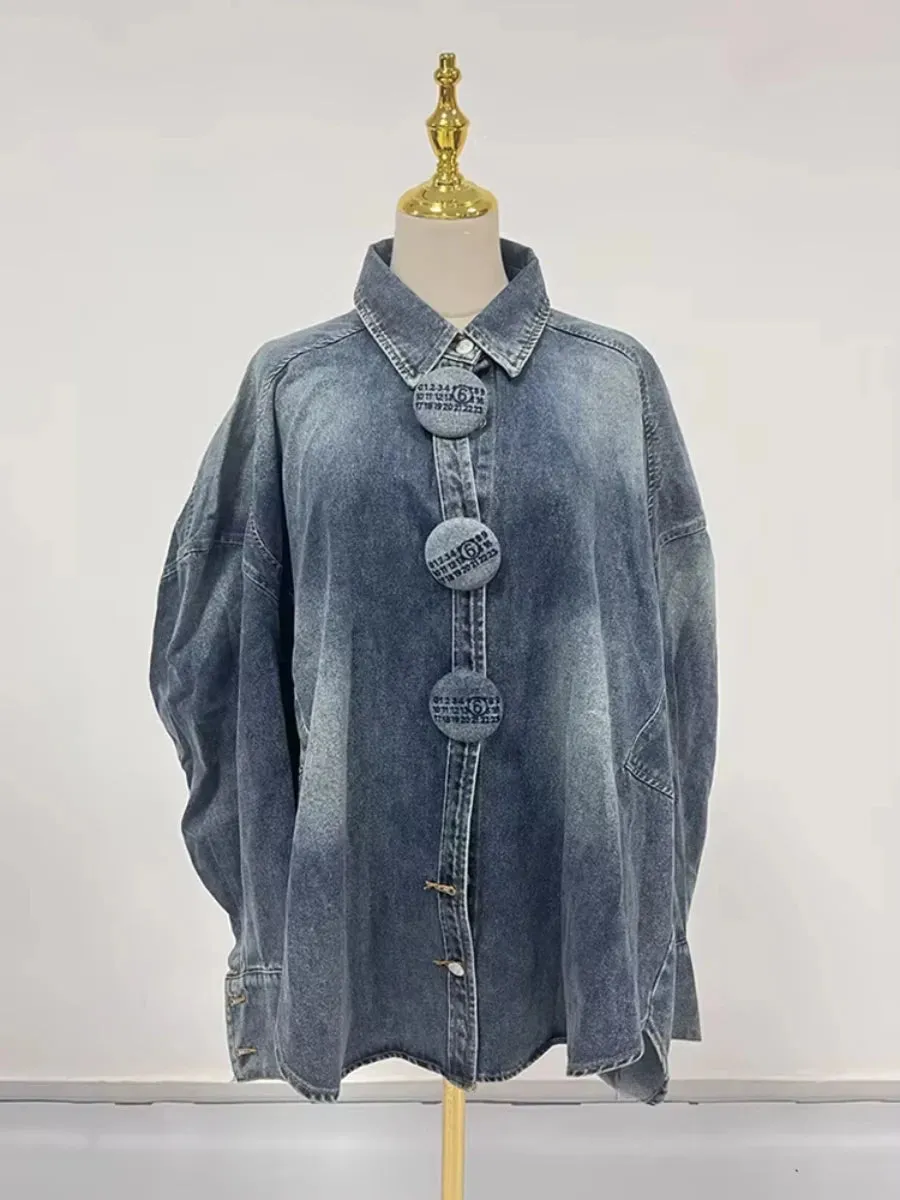 Solid Spliced Large Buttons Lapel Batwing Sleeve Loose Chic Washed Denim Jacket