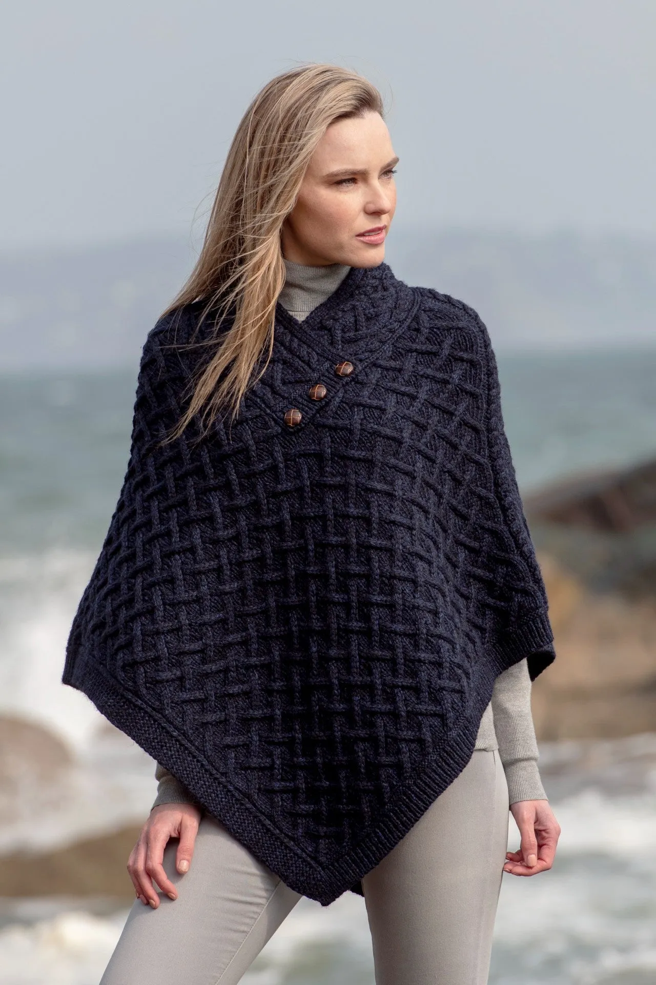 Super Soft Aran Poncho-Navy