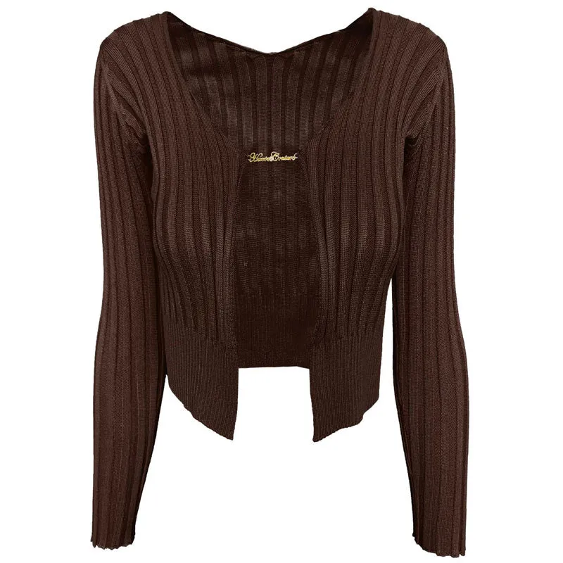 Unique Letter Chain Open Front Long Sleeve Ribbed Crop Cardigan - Coffee