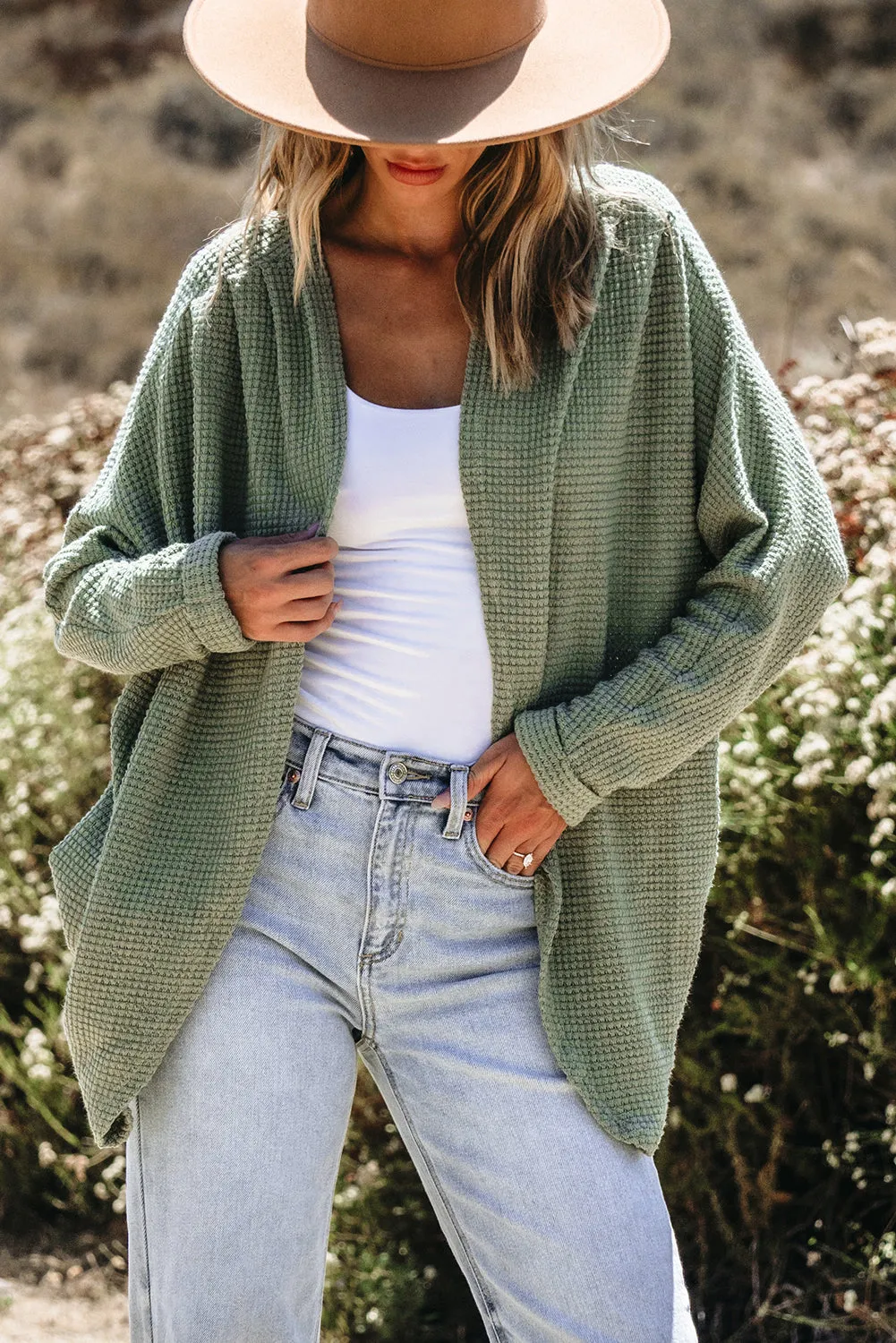 Waffle Knit Open Front Cardigan