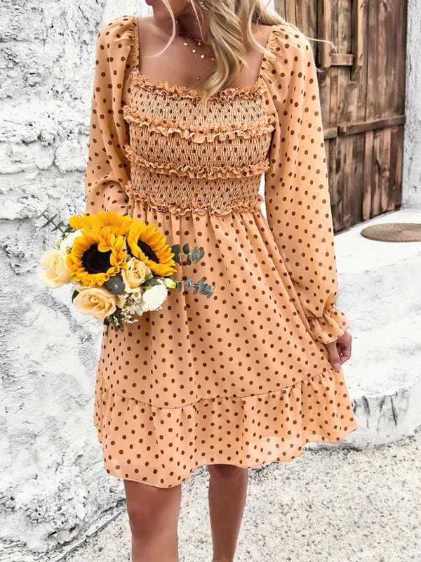 Women's Elegant Cuffed Sleeve Ruched Polka Dot Flowy Dress