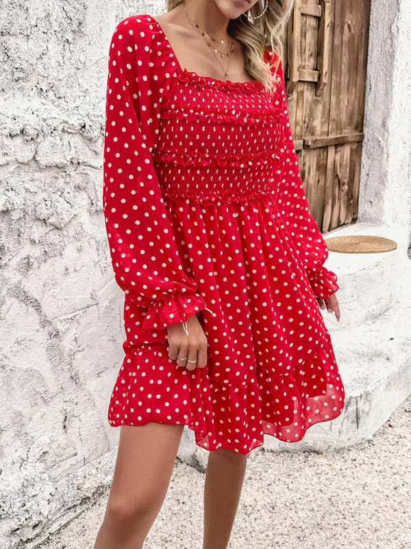 Women's Elegant Cuffed Sleeve Ruched Polka Dot Flowy Dress