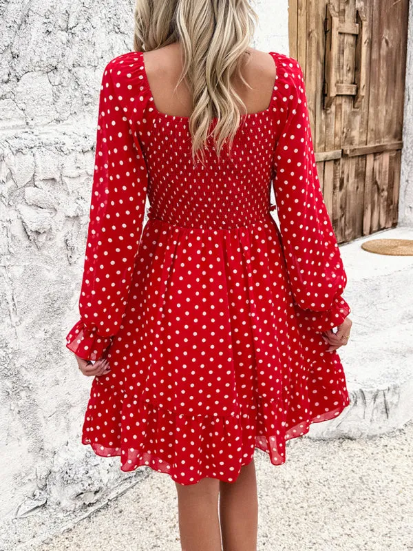 Women's Elegant Cuffed Sleeve Ruched Polka Dot Flowy Dress