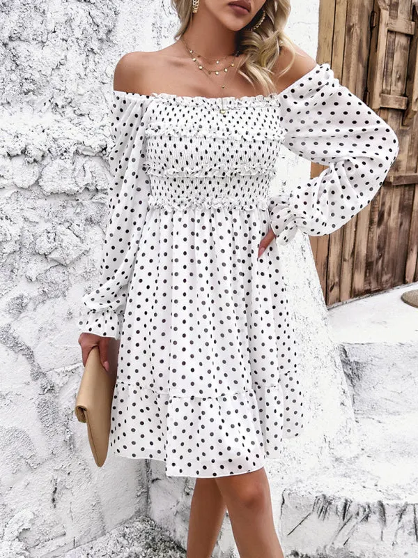 Women's Elegant Cuffed Sleeve Ruched Polka Dot Flowy Dress